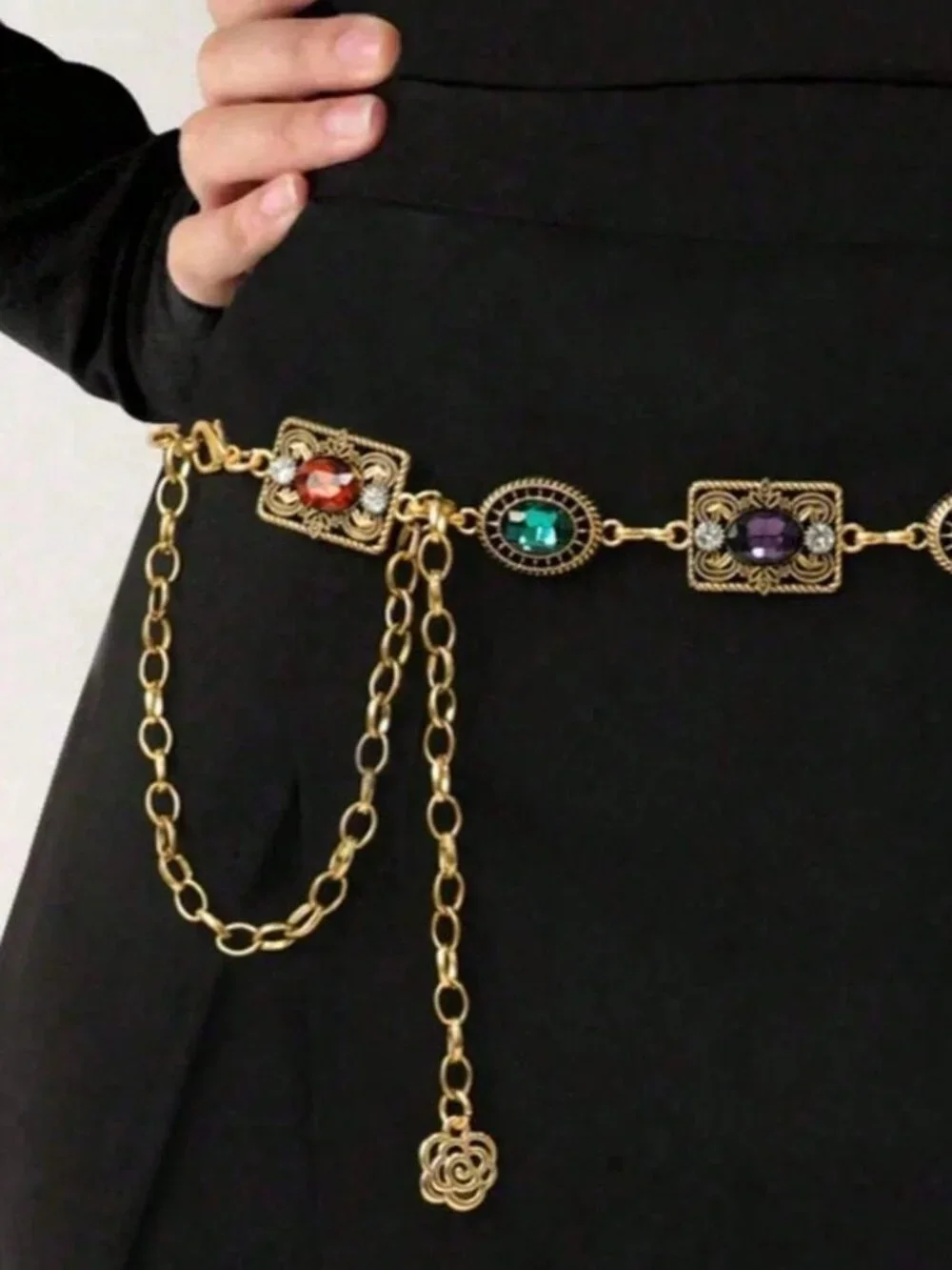 Gold Boho Women's Carved Waist Belt with Metal Chain - Picture 6 of 7